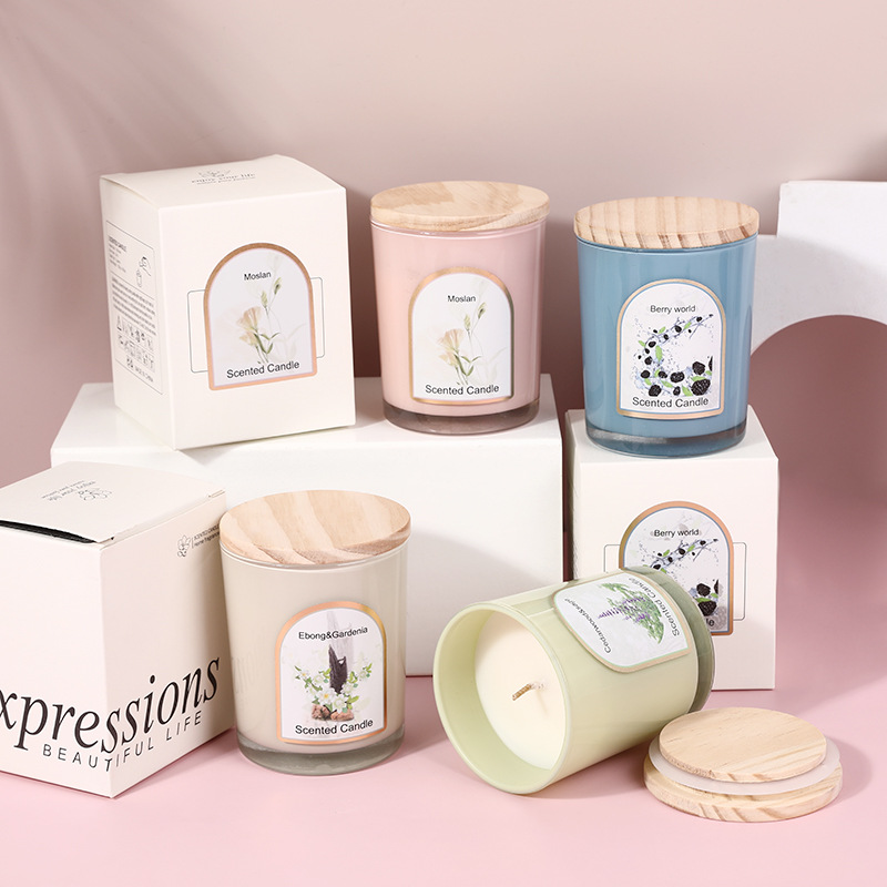 Candle Souvenir - Ahşap kapaklı renkli cam kokulu mum
