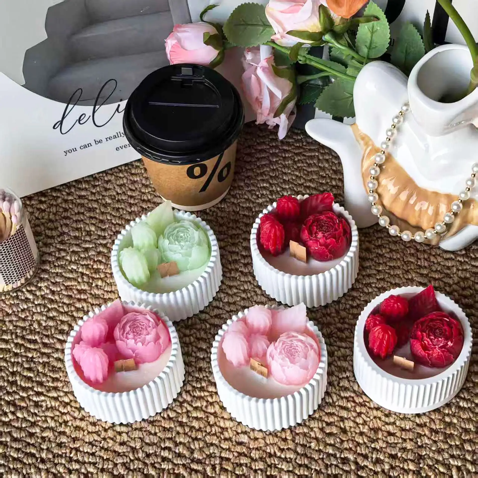 Candle Souvenir - 2 adet Çiçekli Gül Kupa Kokulu